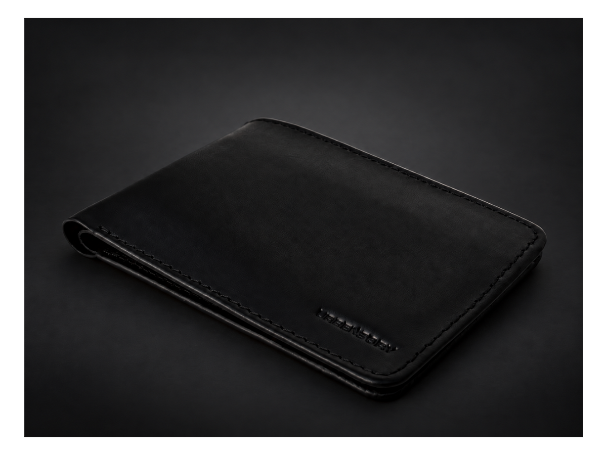 The black URBENSORY wallet on a charcoal background