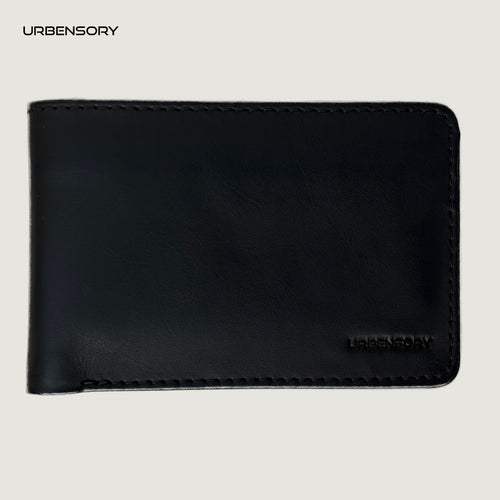 The Zero black bifold wallet, front view