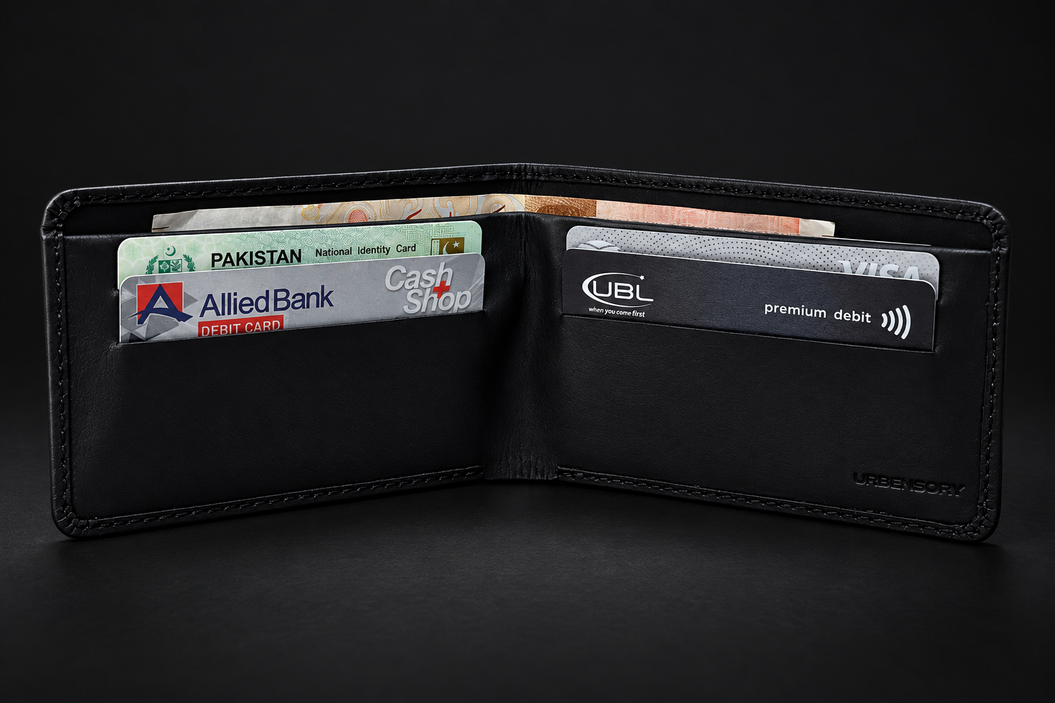 Complete open black URBENSORY wallet with cards and cash